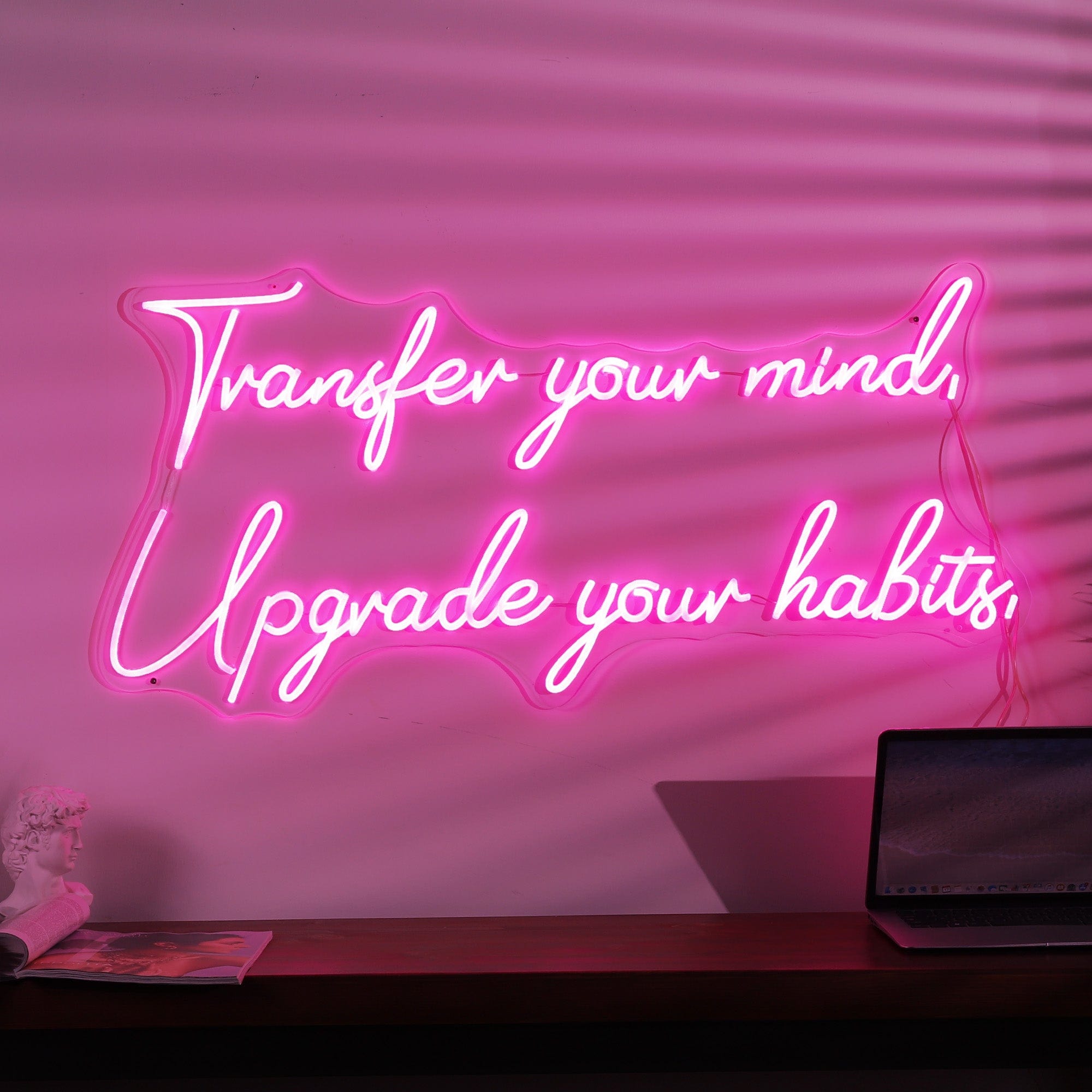 "Transfer your mind, Upgrade your habits." Quote Neon Sign