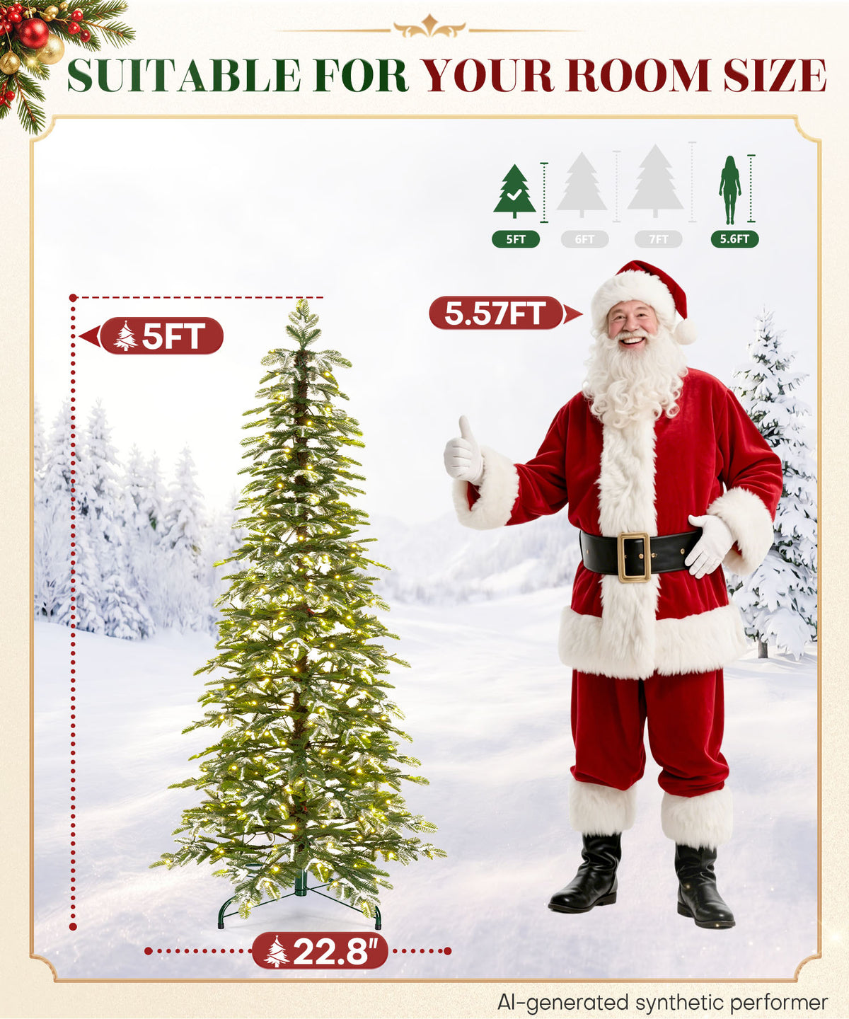 Enogets Slim Fir Christmas Tree, 240 Warm White LEDs, Icy Snow Finish, 5/6/7 Ft