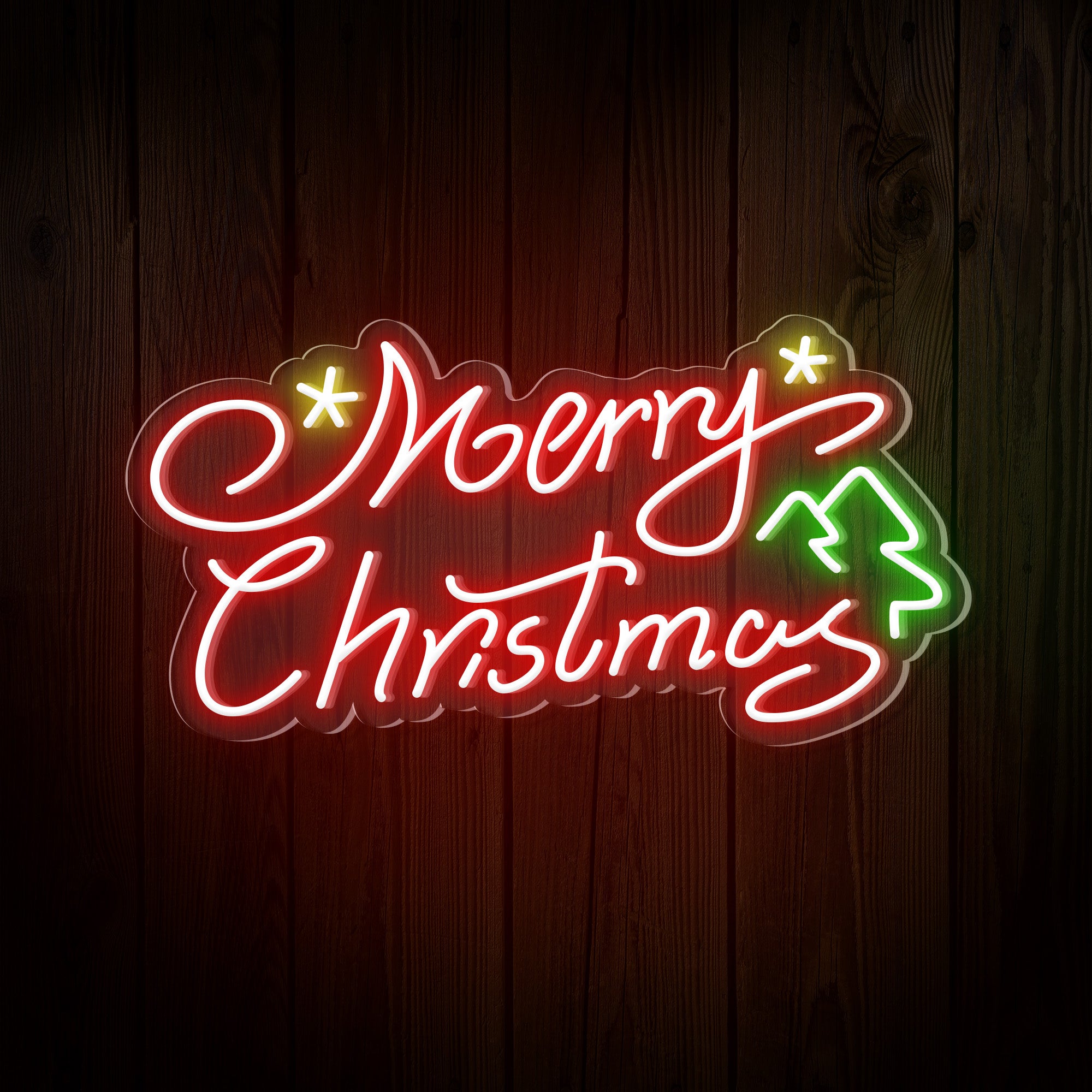 "Merry Christmas" Words Stars & Trees Neon Sign