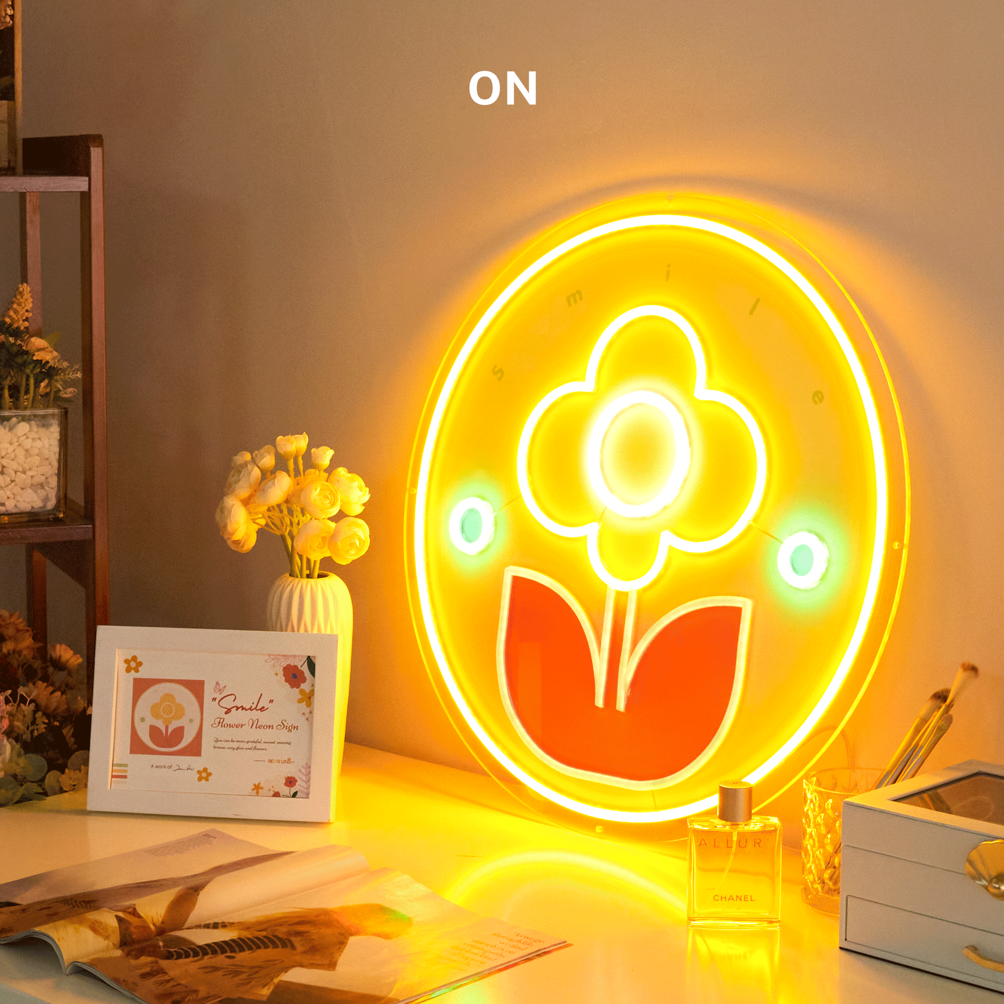 Flower and "Smile" LED Neon Sign