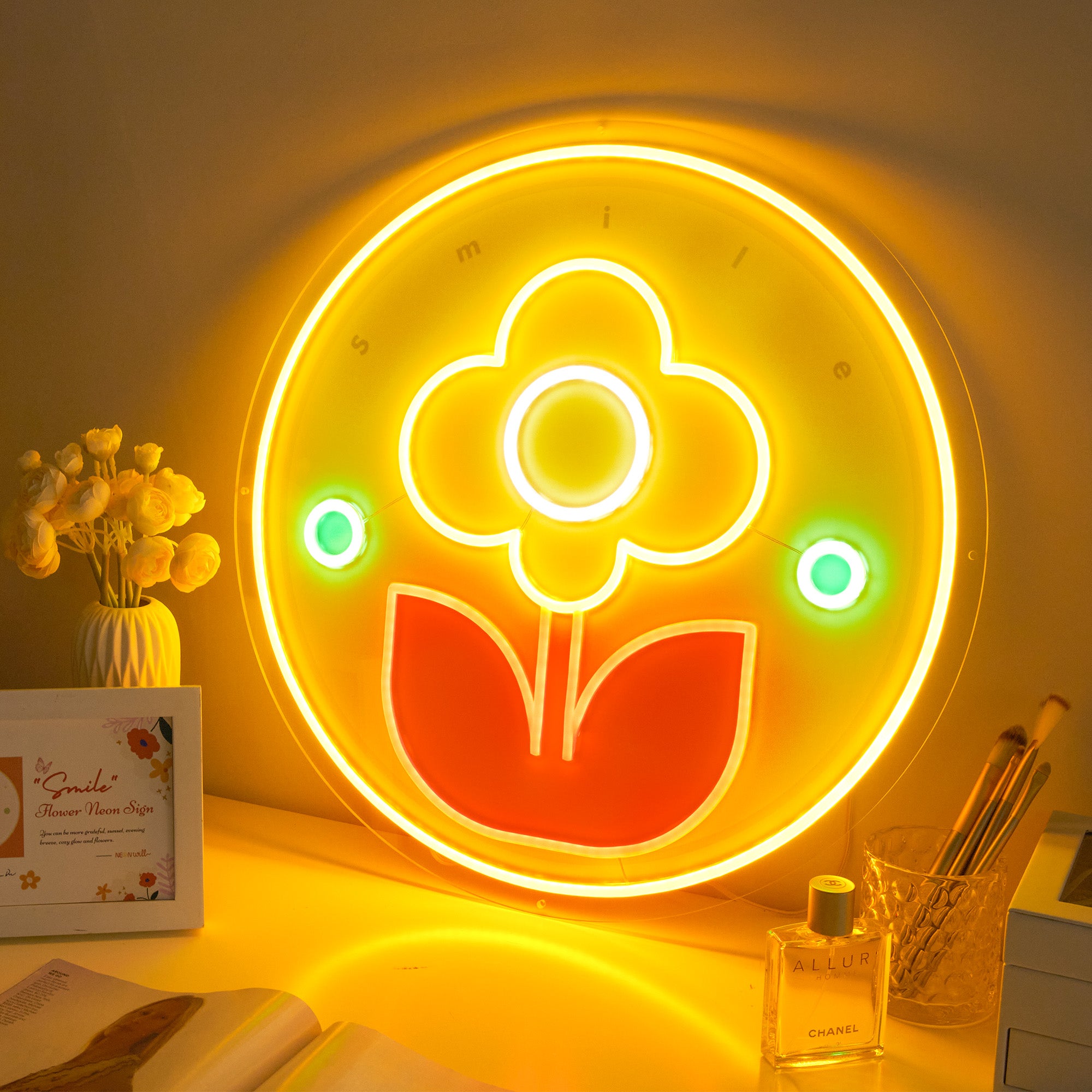 Flower and "Smile" LED Neon Sign