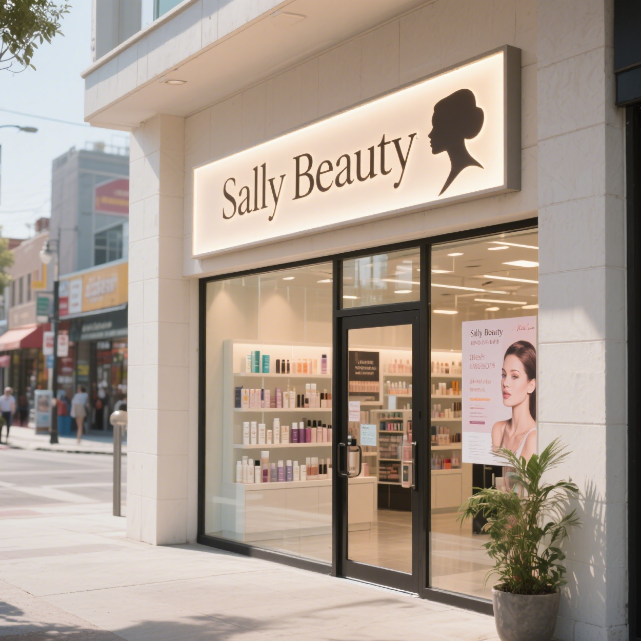 Sally Beauty store front with illuminated sign and display of products.