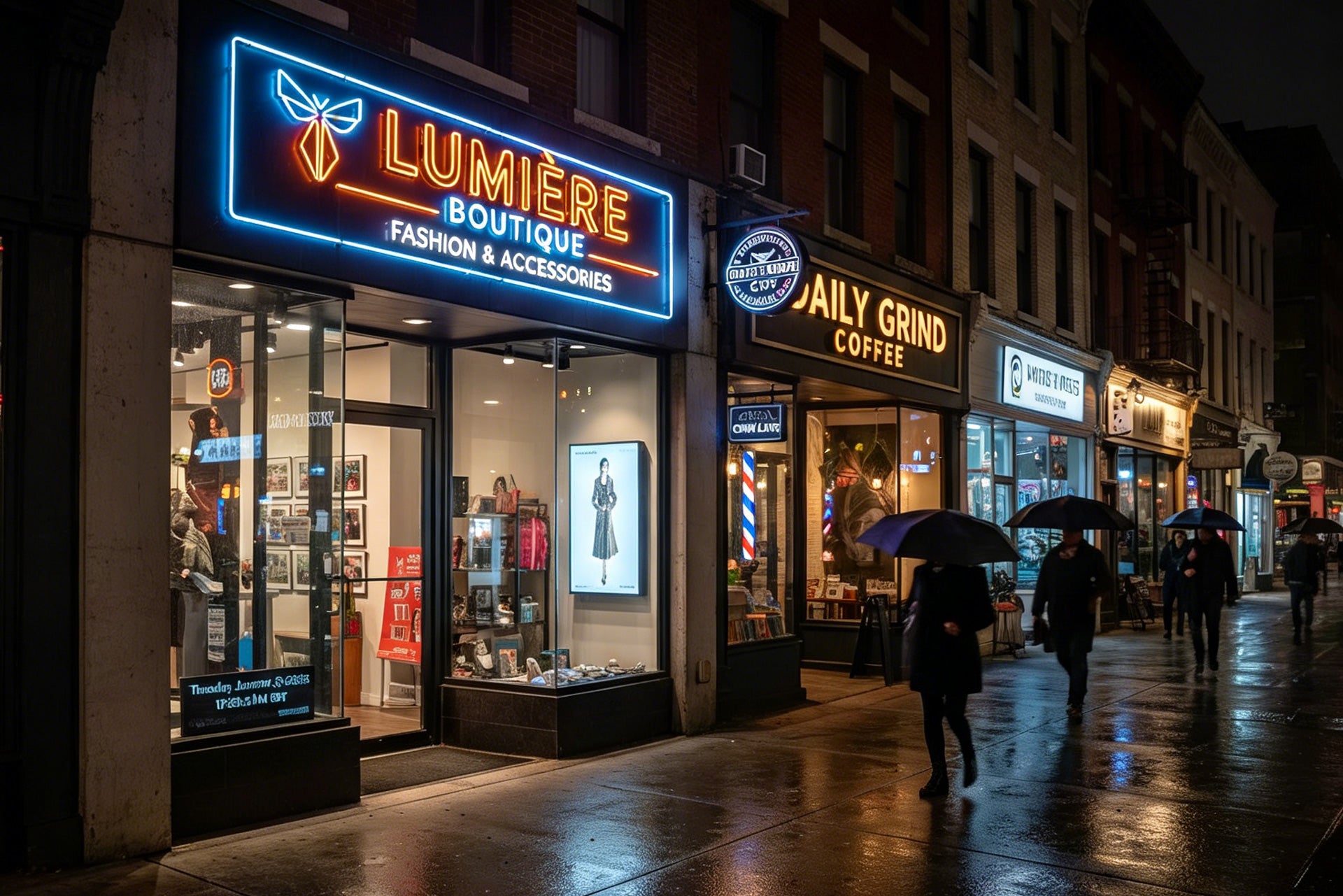 Neon-lit storefronts of Lémère Boutique and Daily Grind Coffee on a city street at night.