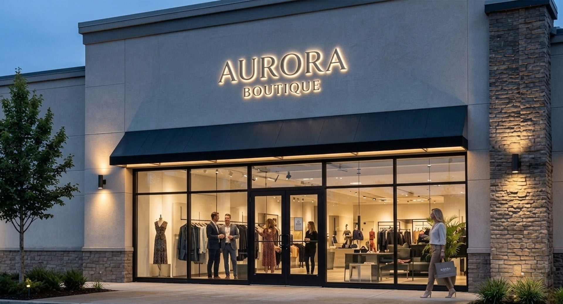 Aurora Boutique storefront with illuminated sign and glass windows showing interior.
