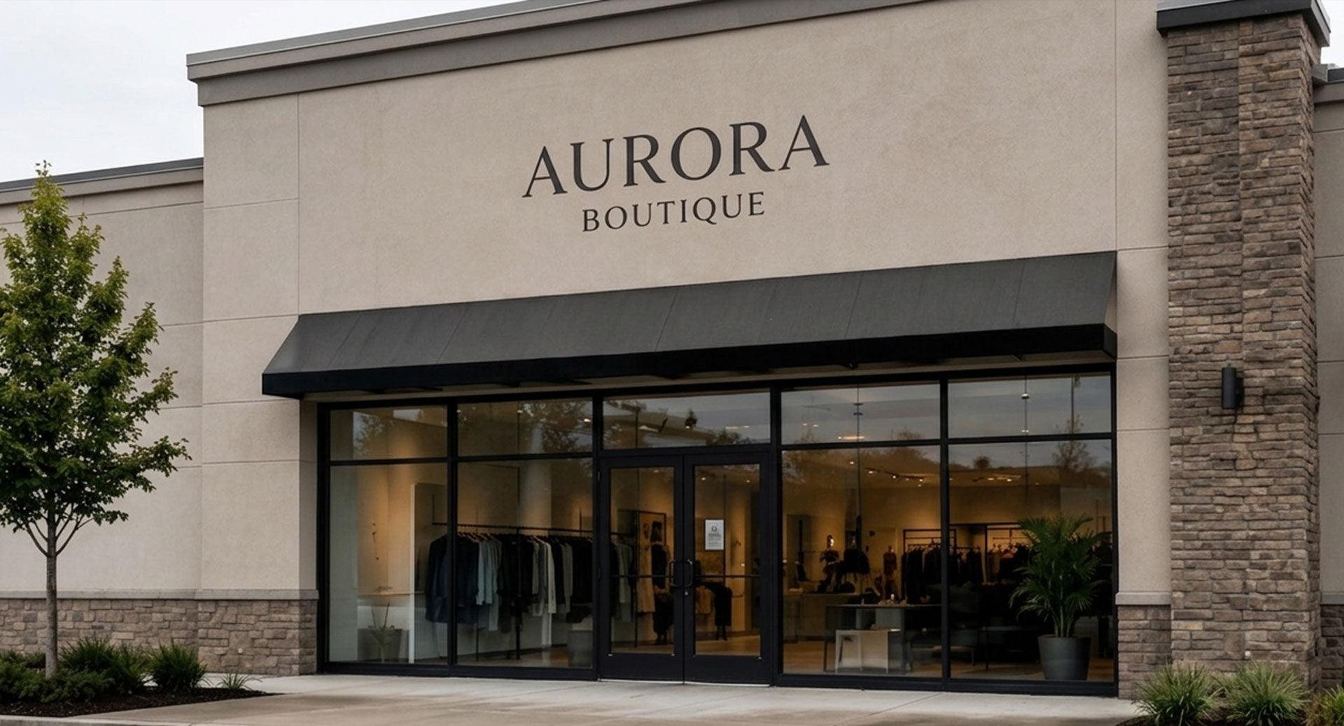 Aurora Boutique storefront with glass windows and a visible interior.