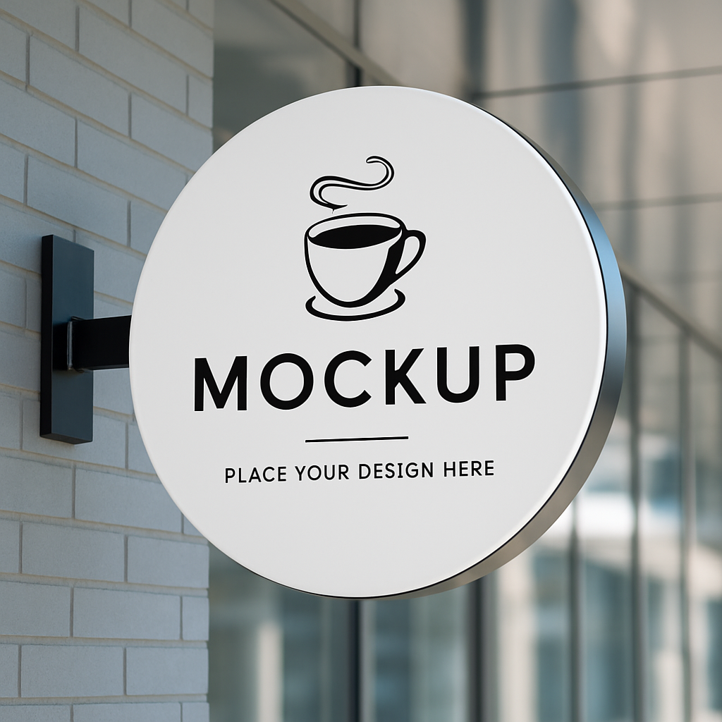 Round sign mockup with coffee cup icon and 'MOCKUP' text on a wall.