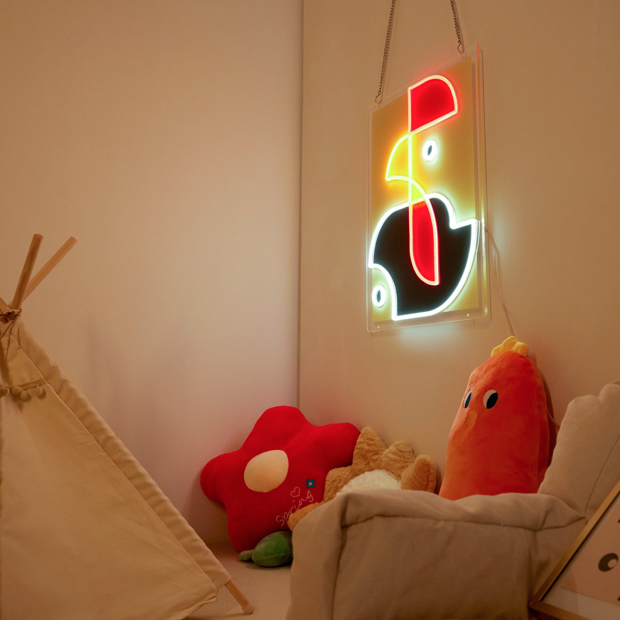 Girl and Rooster Geometric Art LED Neon Sign