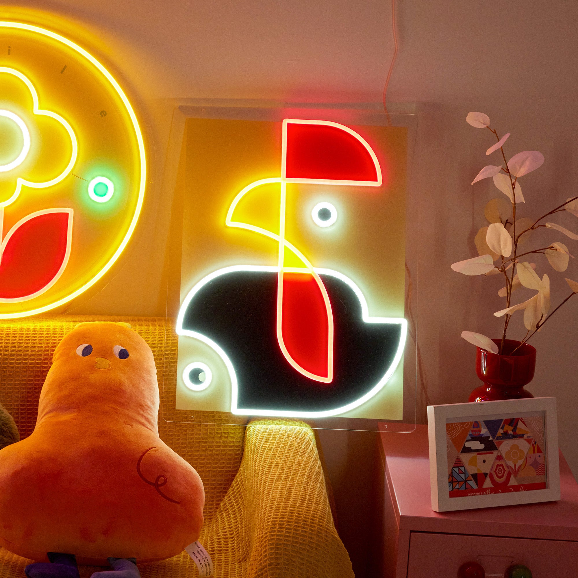 Girl and Rooster Geometric Art LED Neon Sign