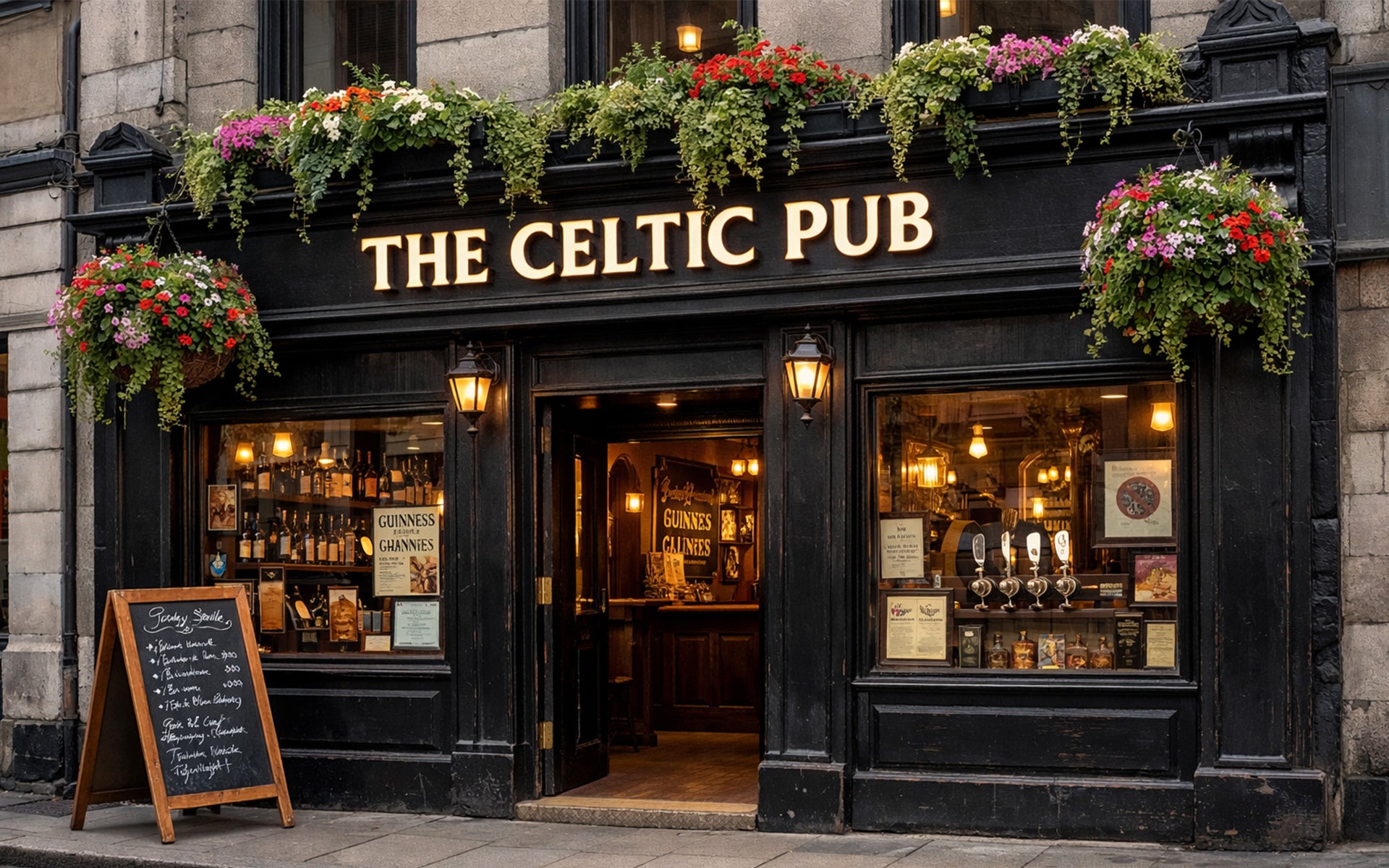 Front of 'The Celtic Pub' with decorative flowers and a chalkboard sign.