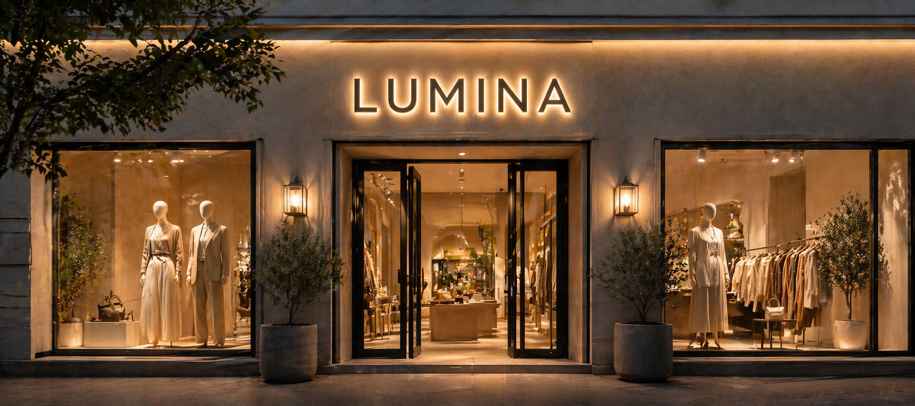 Lumina store front with illuminated sign and mannequins in a clothing store.