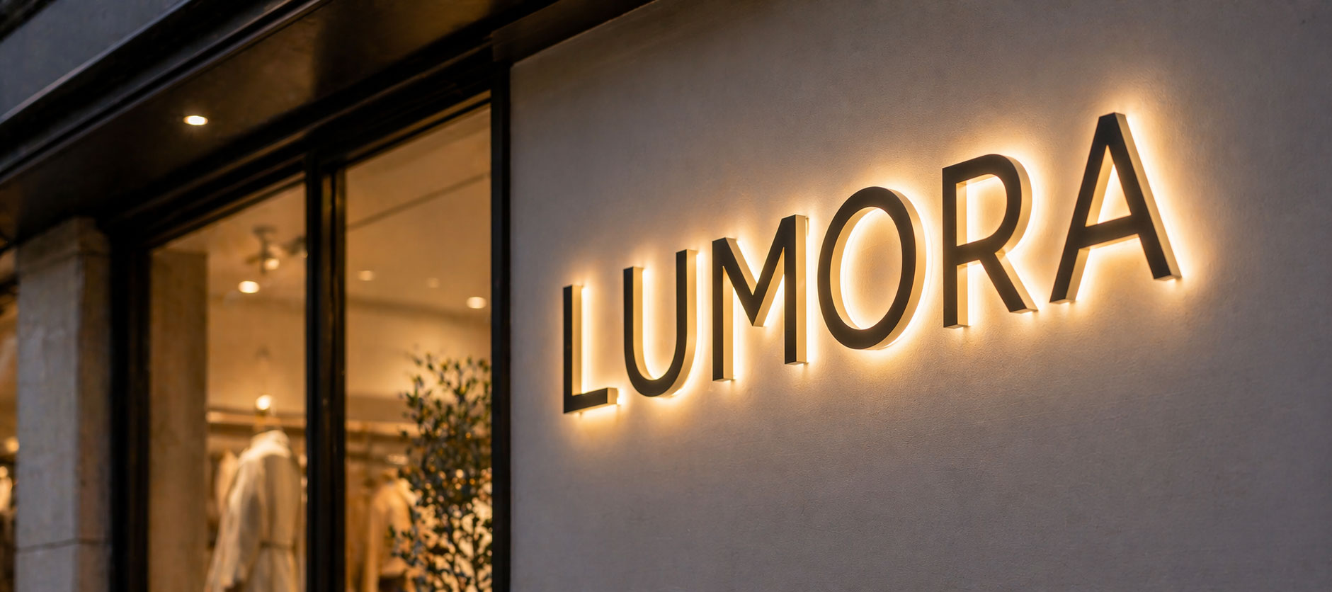 Lumora logo on a building facade with interior visible through glass windows.