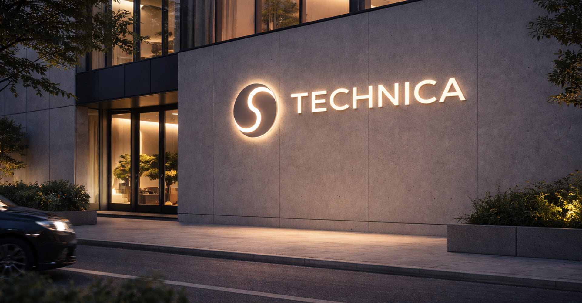 Modern building exterior with 'TECHNICA' logo illuminated at night