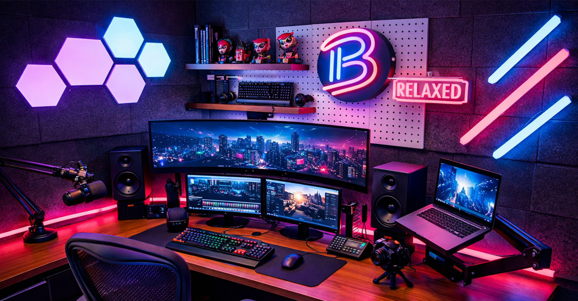 Modern gaming or streaming setup with multiple monitors, gaming equipment, and neon lights.