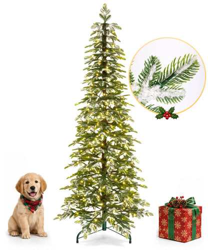 Enogets Slim Fir Christmas Tree, 240 Warm White LEDs, Icy Snow Finish,  5/6/7 Ft