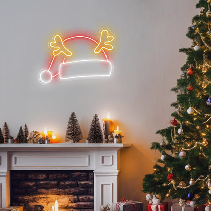 Christmas Hat with Reindeer Antlers LED Neon Sign
