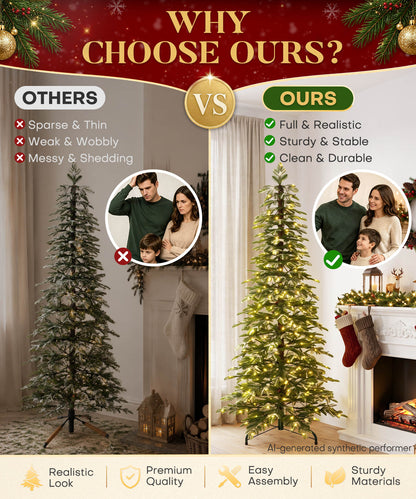 Enogets Slim Fir Christmas Tree, 240 Warm White LEDs, Icy Snow Finish,  5/6/7 Ft