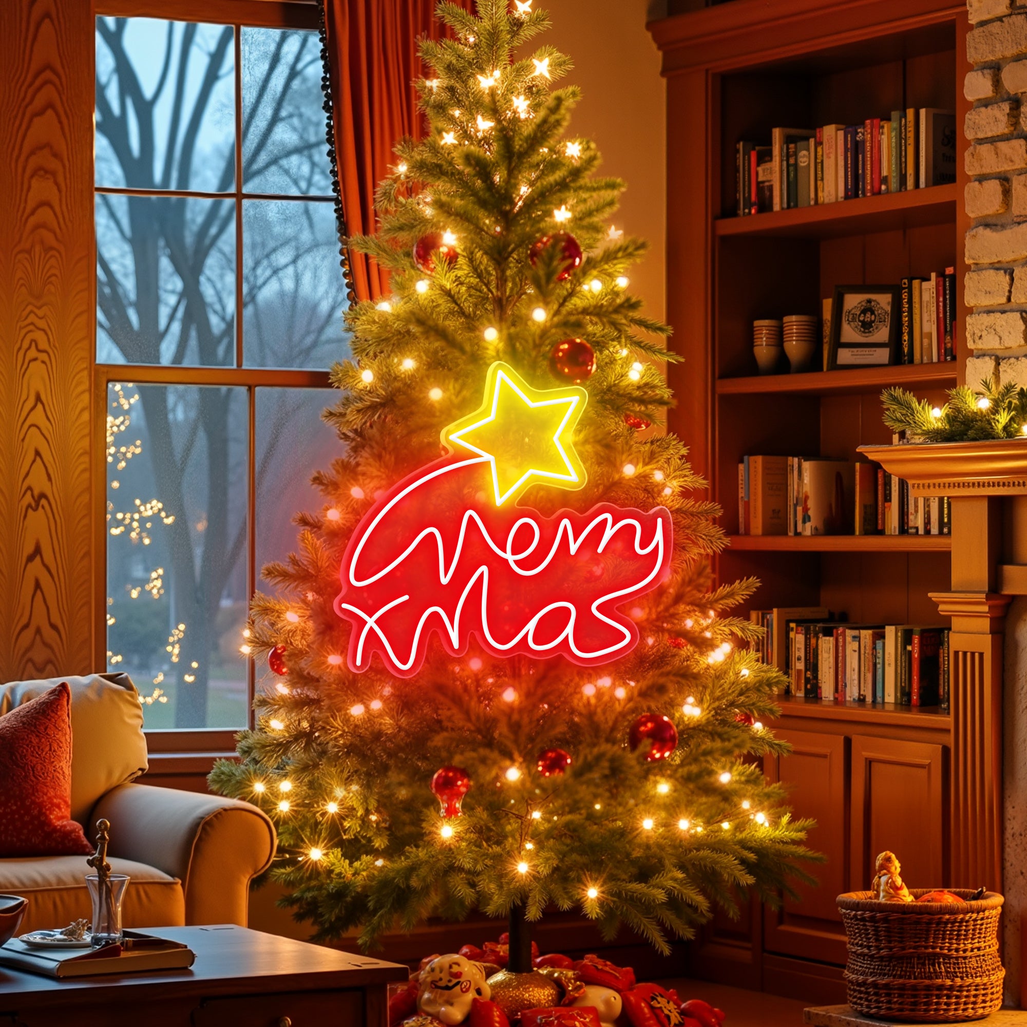 “Merry Xmas” Letters with Star Neon Sign for Christmas Tree