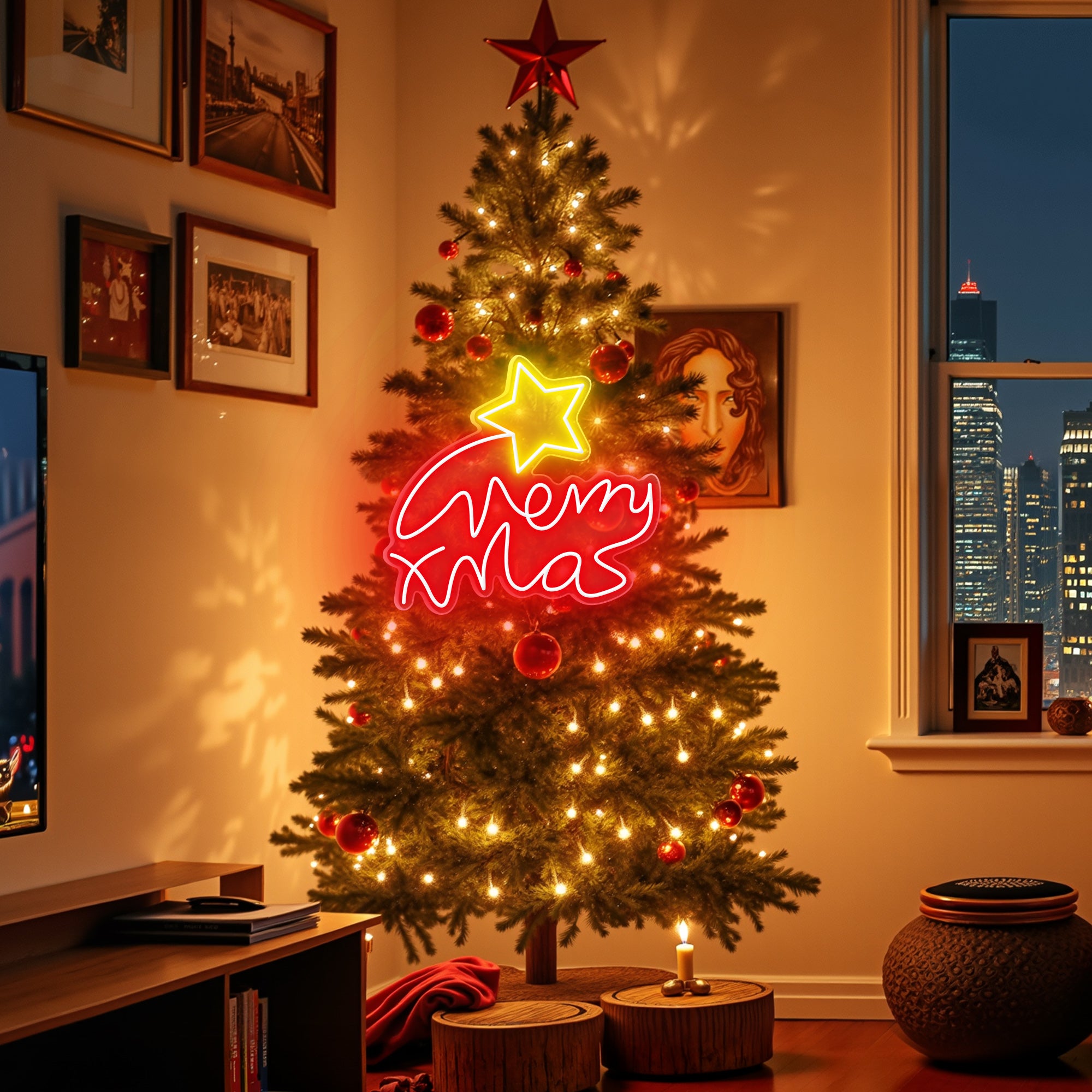 “Merry Xmas” Letters with Star Neon Sign for Christmas Tree