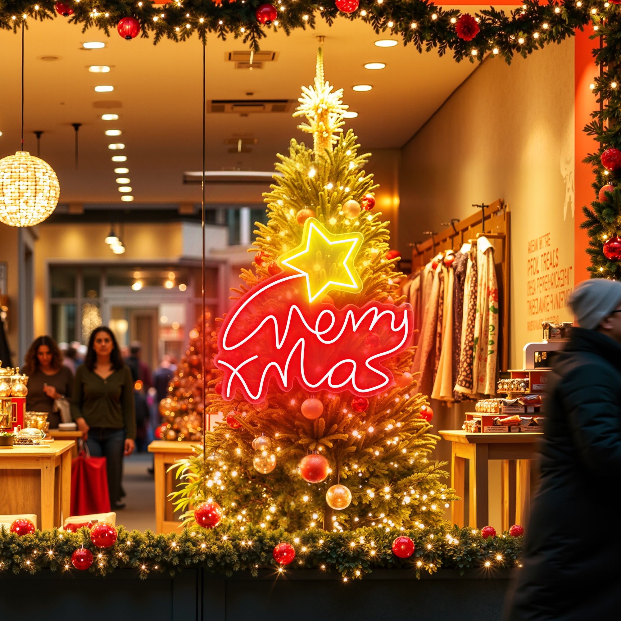 “Merry Xmas” Letters with Star Neon Sign for Christmas Tree