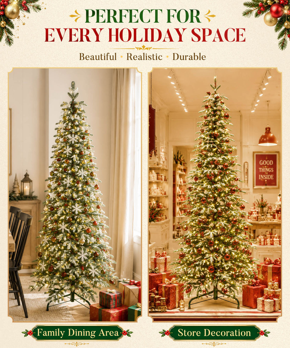 Enogets Slim Fir Christmas Tree, 240 Warm White LEDs, Icy Snow Finish,  5/6/7 Ft