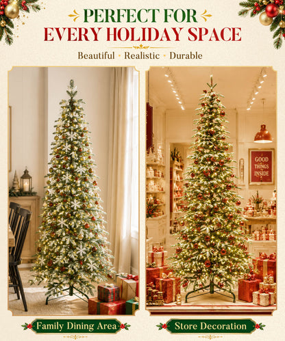 Enogets Slim Fir Christmas Tree, 240 Warm White LEDs, Icy Snow Finish,  5/6/7 Ft