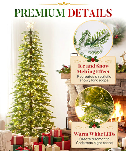 Enogets Slim Fir Christmas Tree, 240 Warm White LEDs, Icy Snow Finish,  5/6/7 Ft