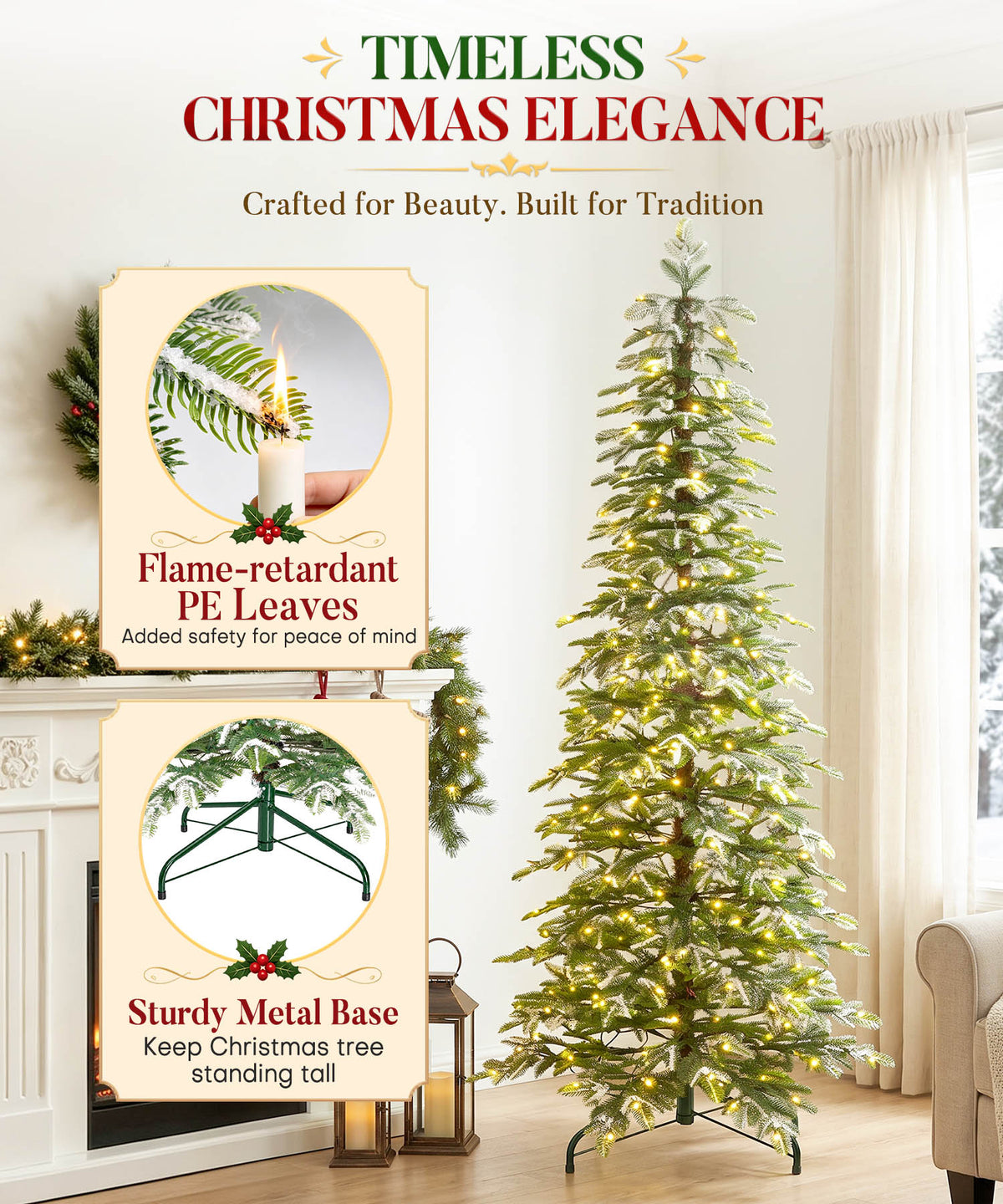Enogets Slim Fir Christmas Tree, 240 Warm White LEDs, Icy Snow Finish,  5/6/7 Ft