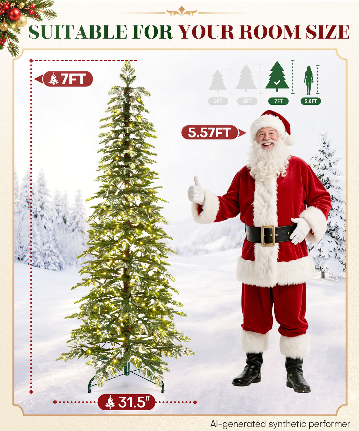 Enogets Slim Fir Christmas Tree, 240 Warm White LEDs, Icy Snow Finish,  5/6/7 Ft
