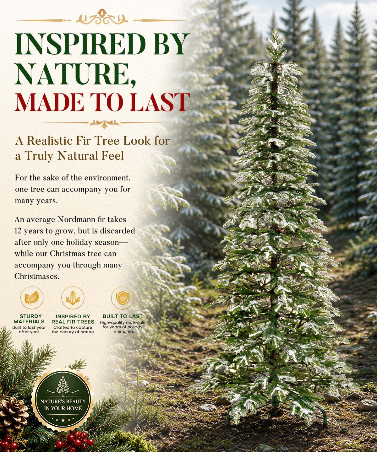 Enogets Slim Fir Christmas Tree, 240 Warm White LEDs, Icy Snow Finish,  5/6/7 Ft