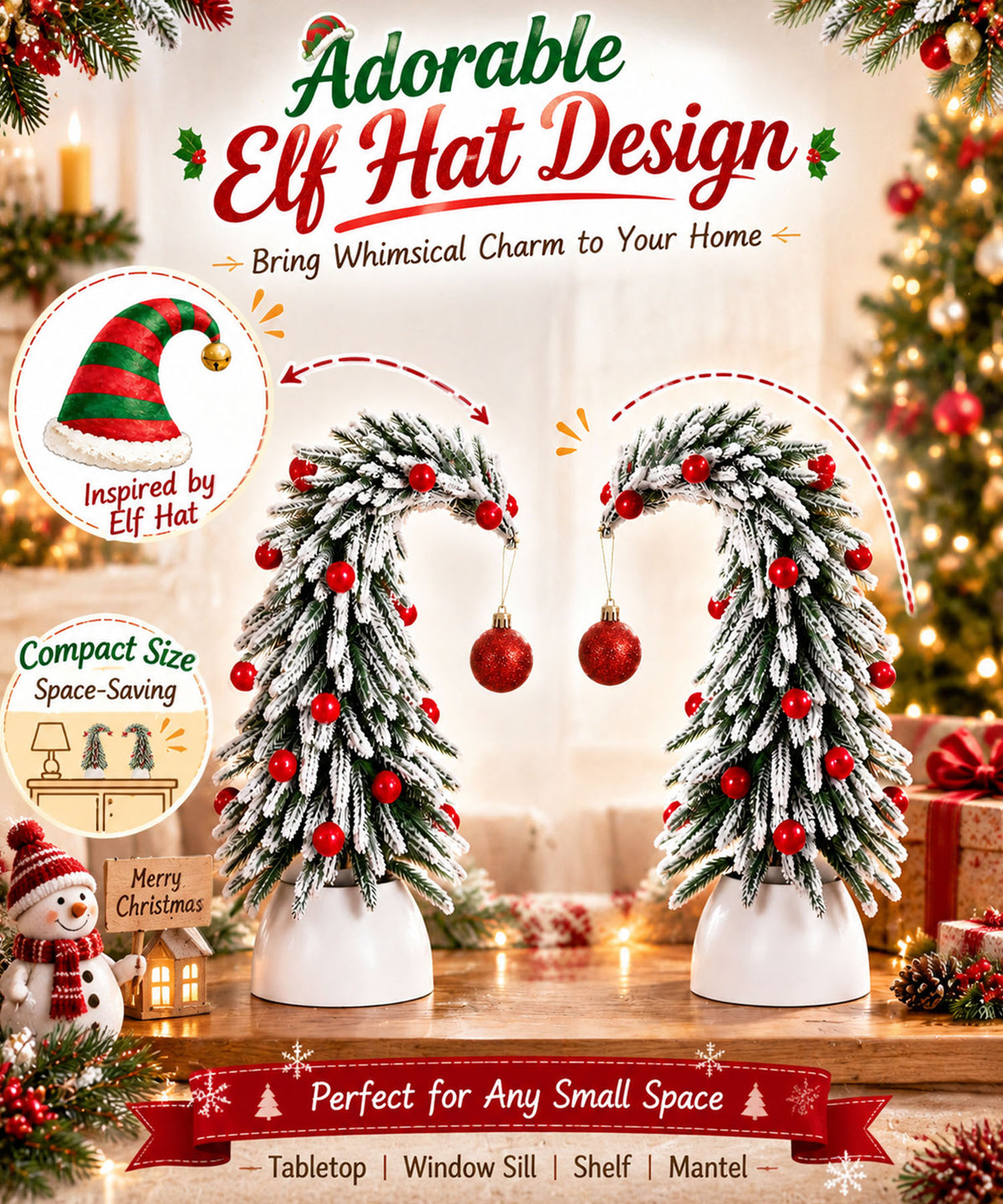 Enogets Mini Elf Hat Tabletop Christmas Trees, with 22 Red Berry, Hanging Ornament, 2 Pcs
