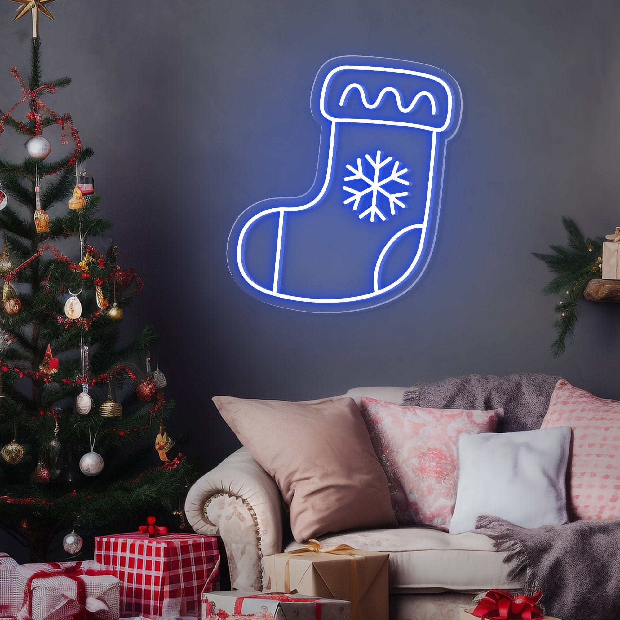 Snowflake Stocking Christmas Neon Sign