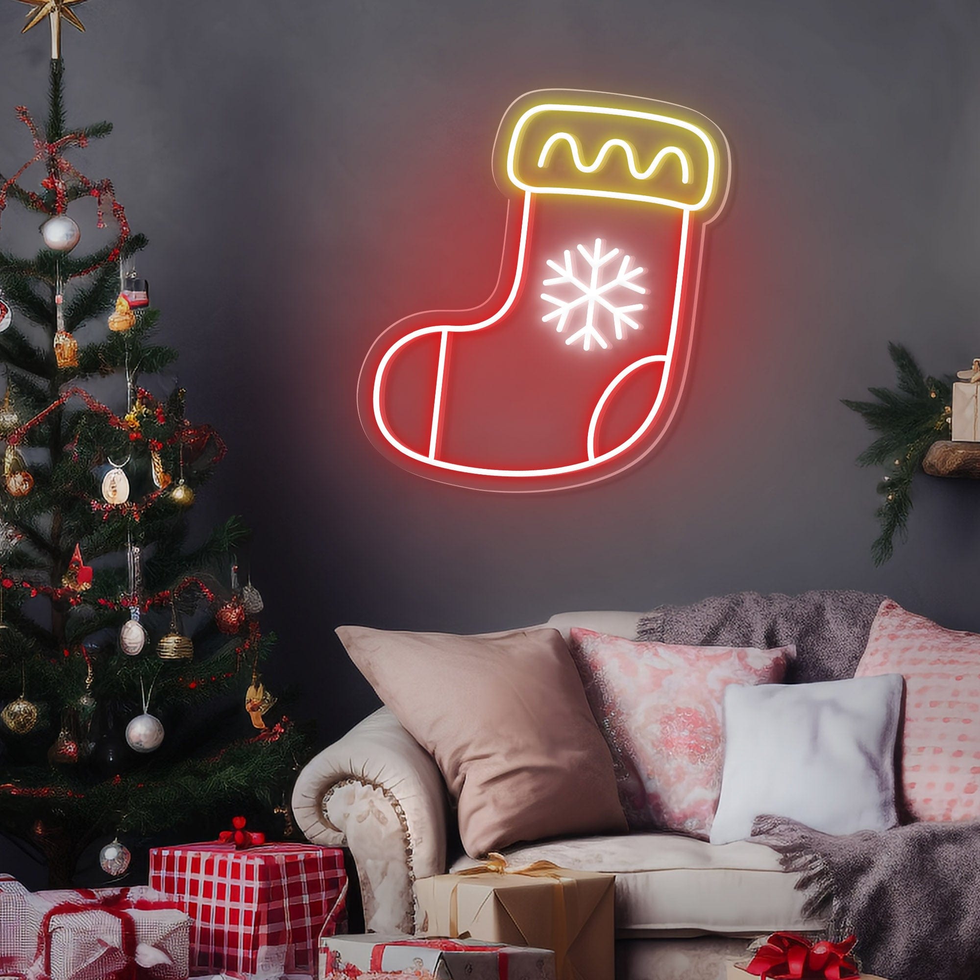 Snowflake Stocking Christmas Neon Sign