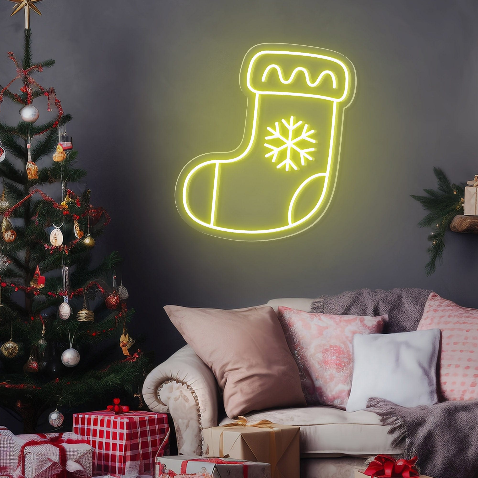 Snowflake Stocking Christmas Neon Sign