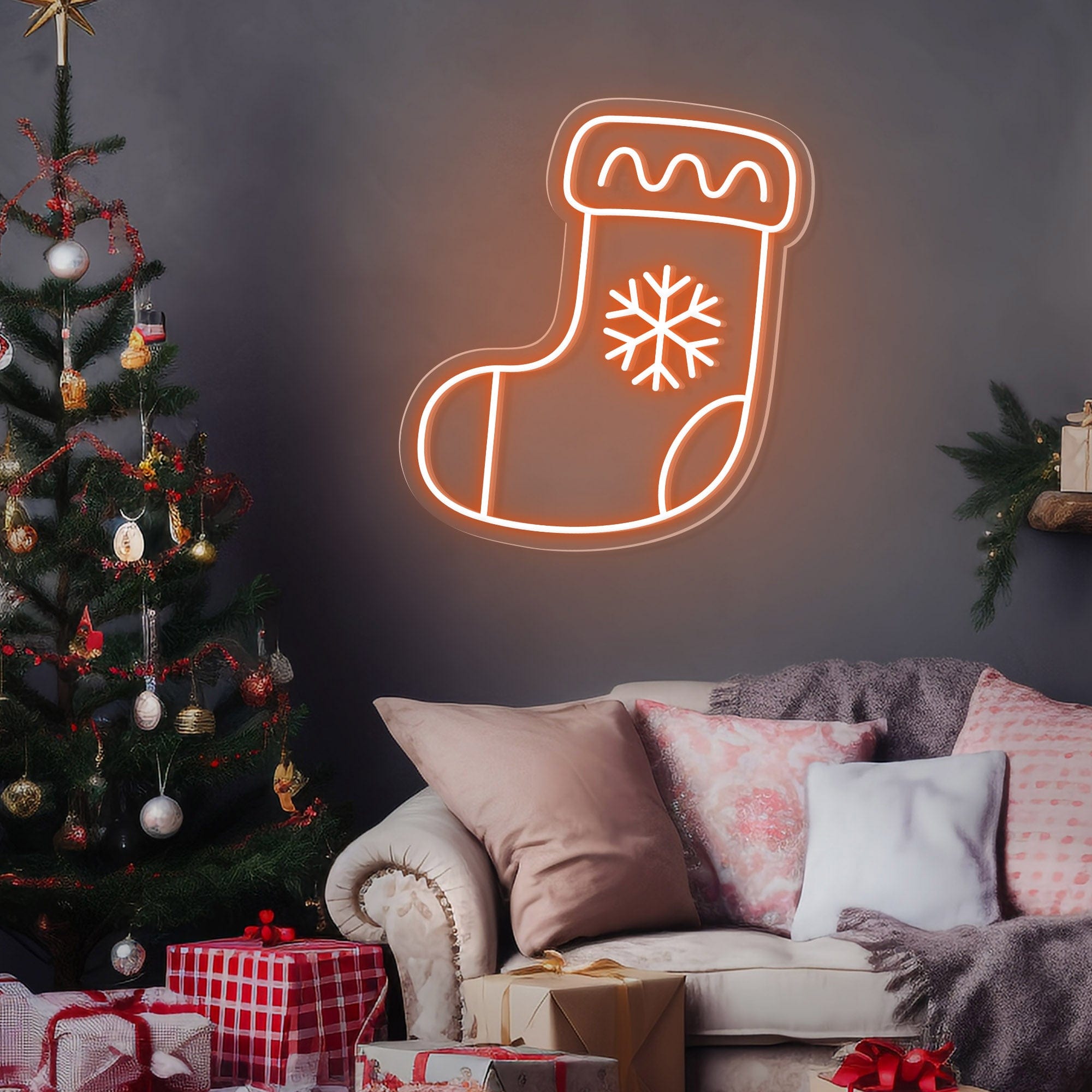 Snowflake Stocking Christmas Neon Sign