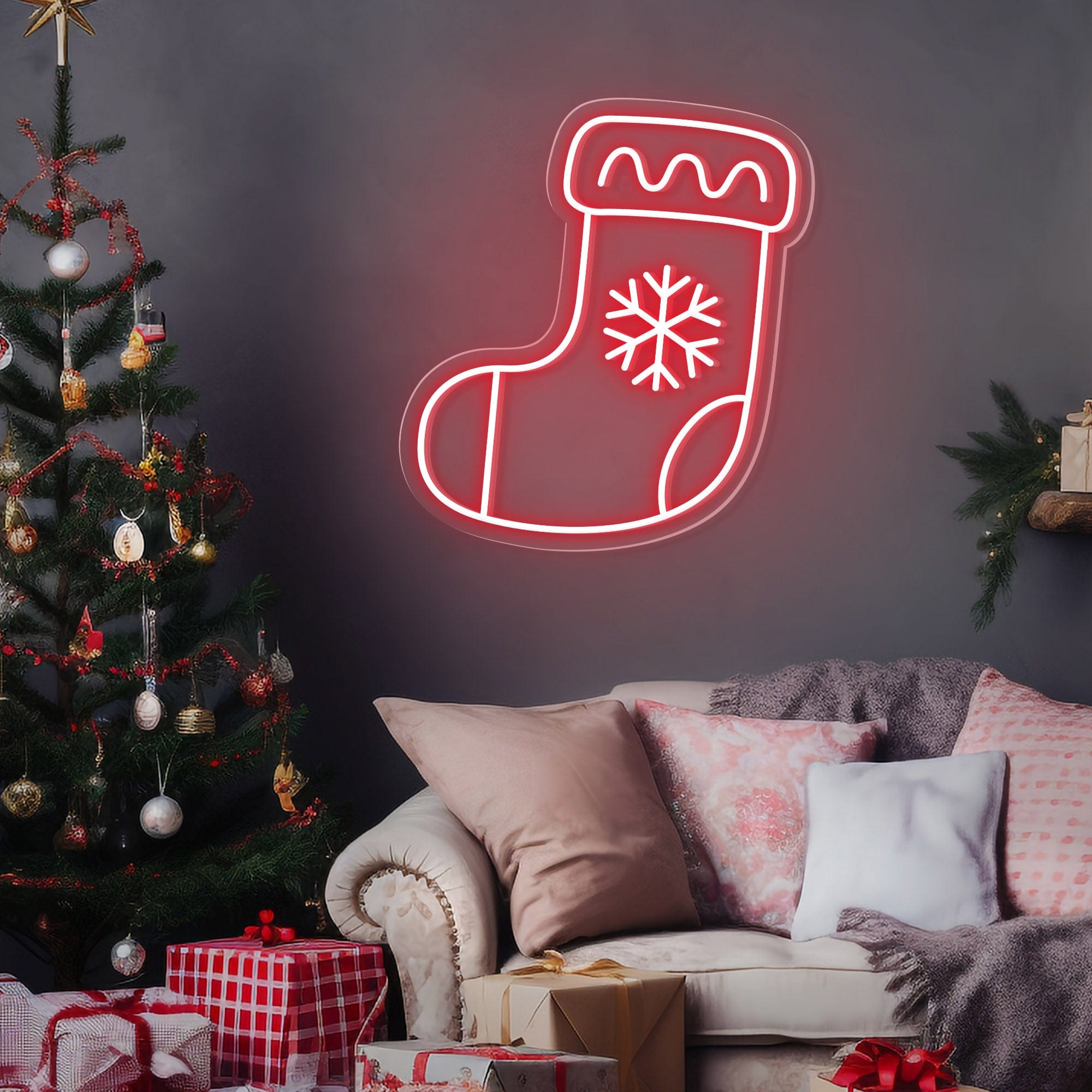 Snowflake Stocking Christmas Neon Sign