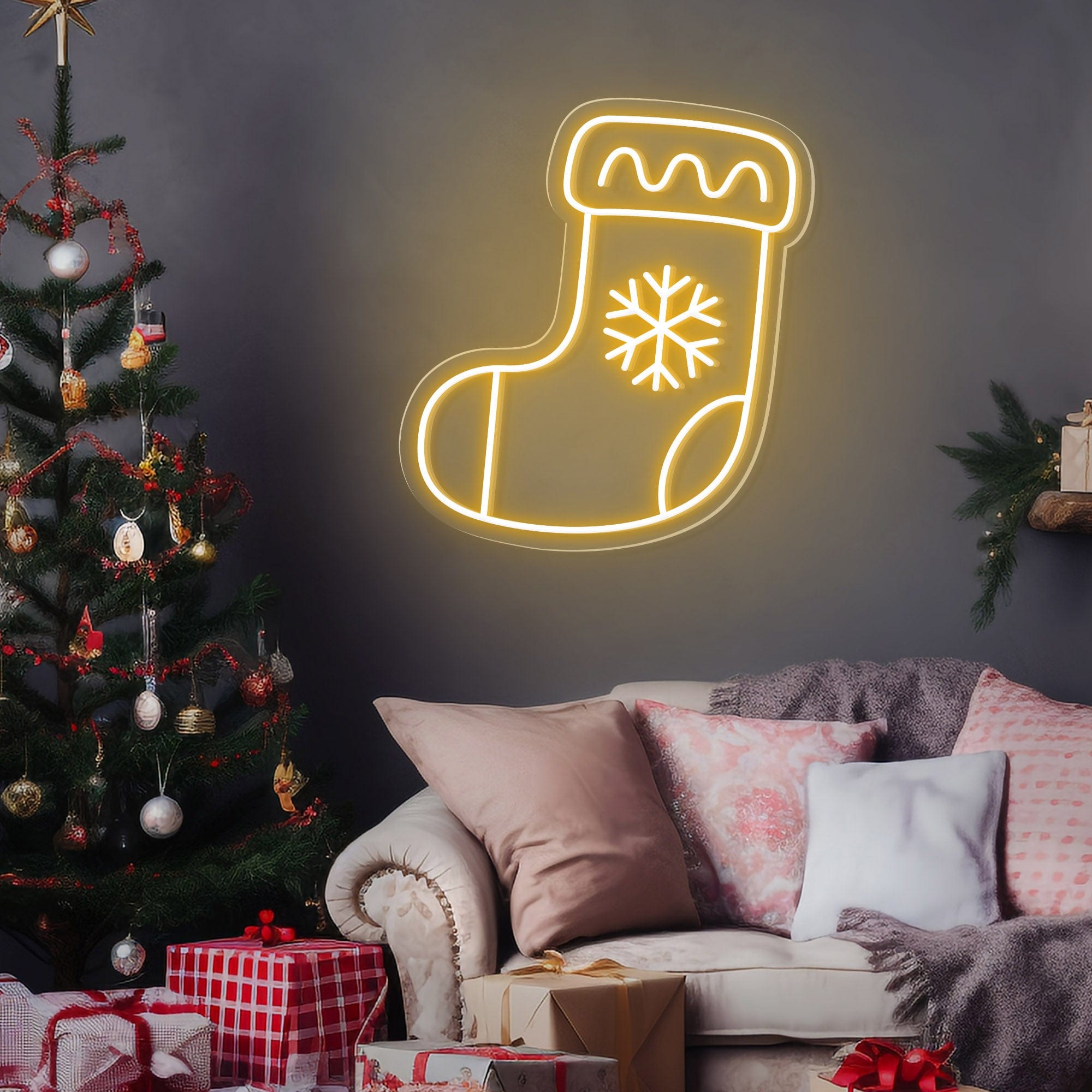 Snowflake Stocking Christmas Neon Sign