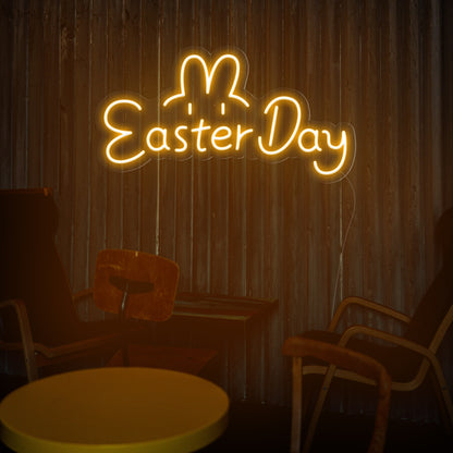 "Easter Day" Words & Cute Bunny Ears & Eyes Cute Easter Neon Sign