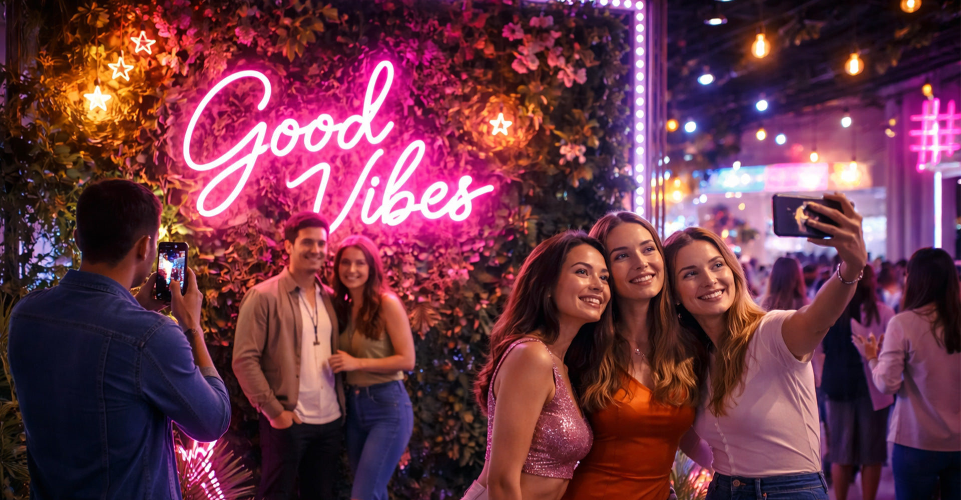 Group of people taking a selfie in front of a 'Good Vibes' neon sign at night.