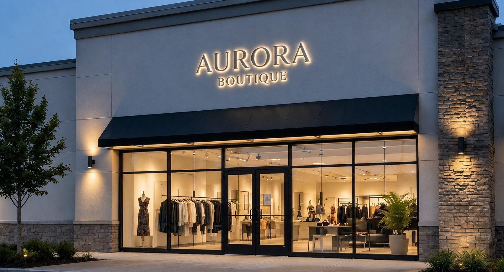 Aurora Boutique storefront with illuminated sign and glass windows.