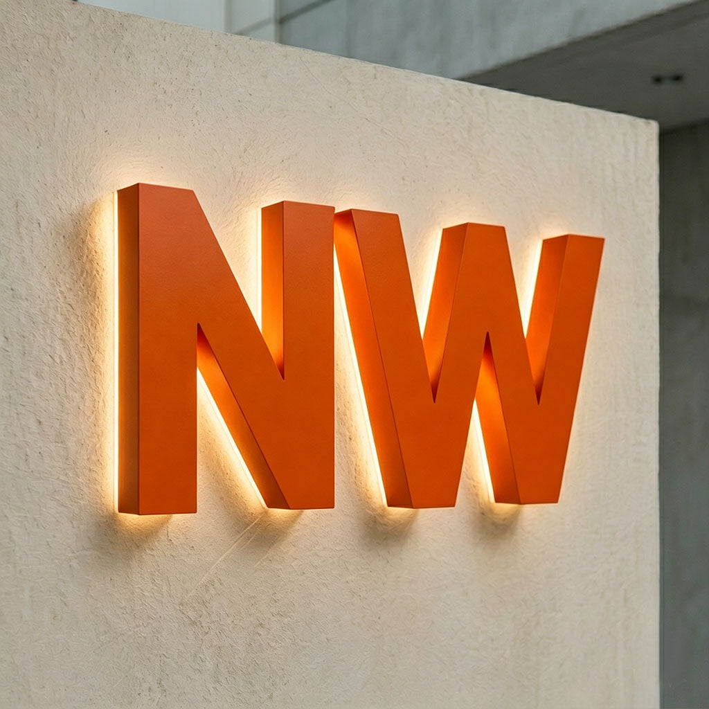 Orange 'NW' letters on a light-colored wall