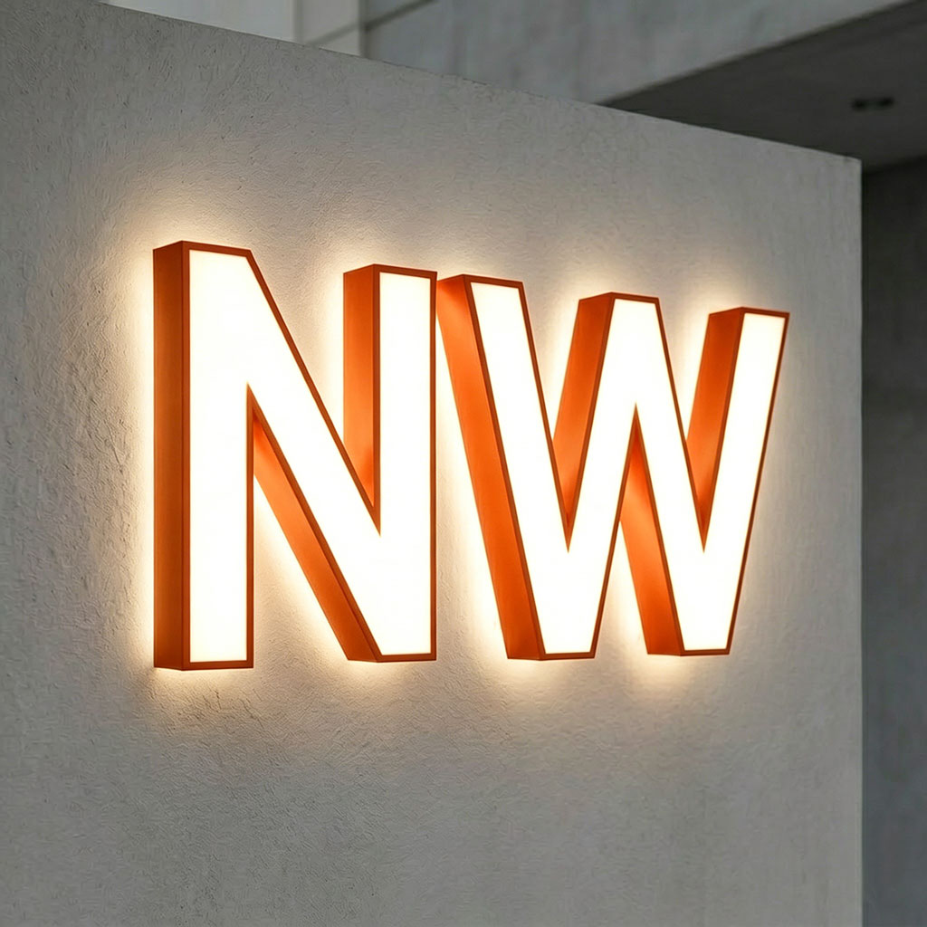 Illuminated 'NW' front- and backlit channel letters on a textured wall