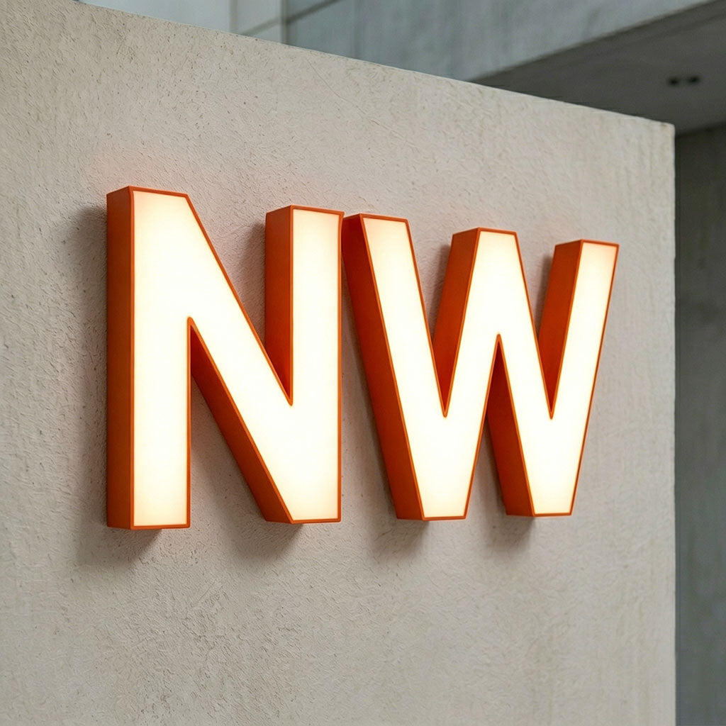 Lighted 'NW' frontlit letters on a textured wall