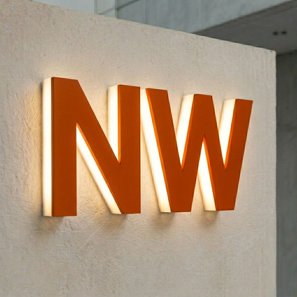  illuminated 'NW' sidelit channel letters on a textured wall