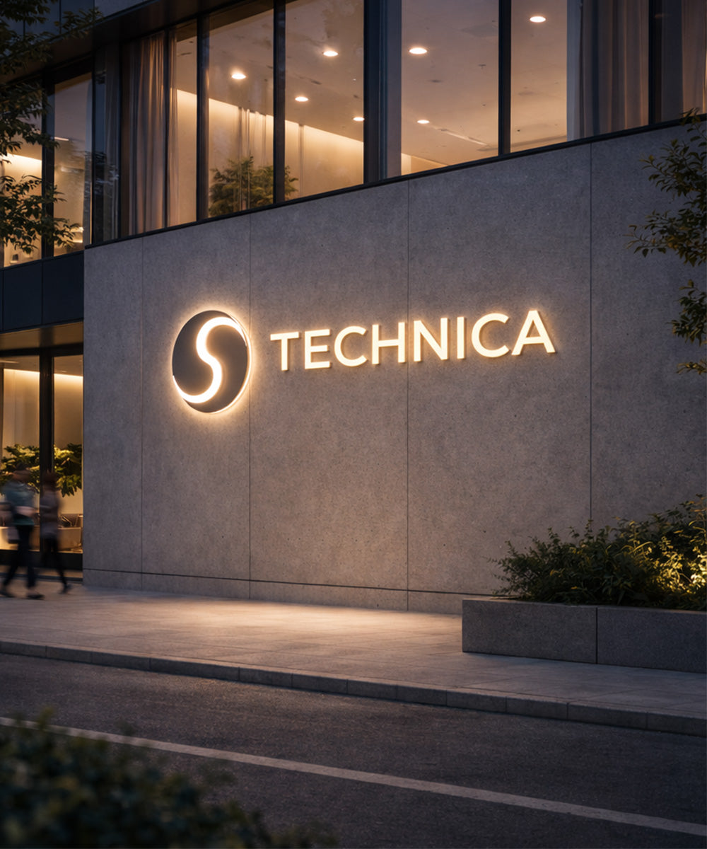 Building exterior with 'TECHNICA' logo illuminated at night