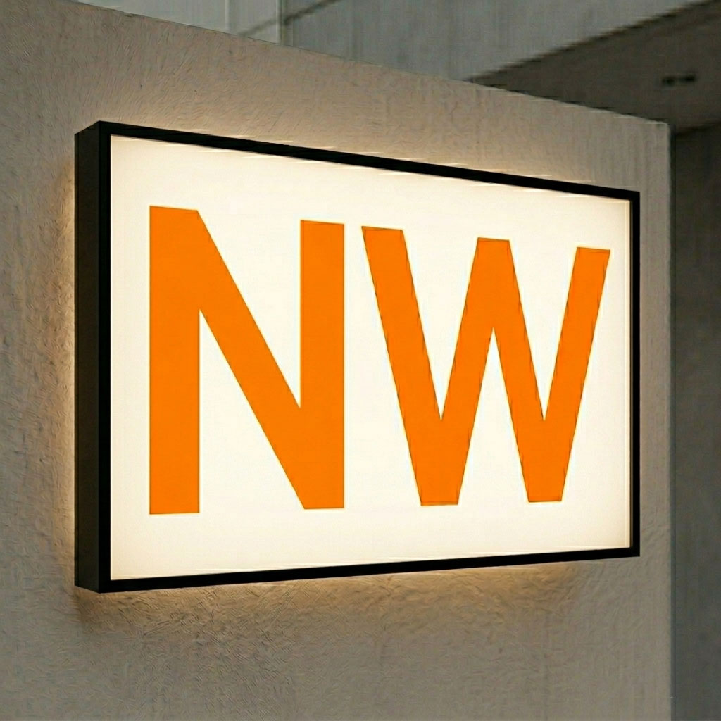 Lightbox with 'NW' in orange on a light background