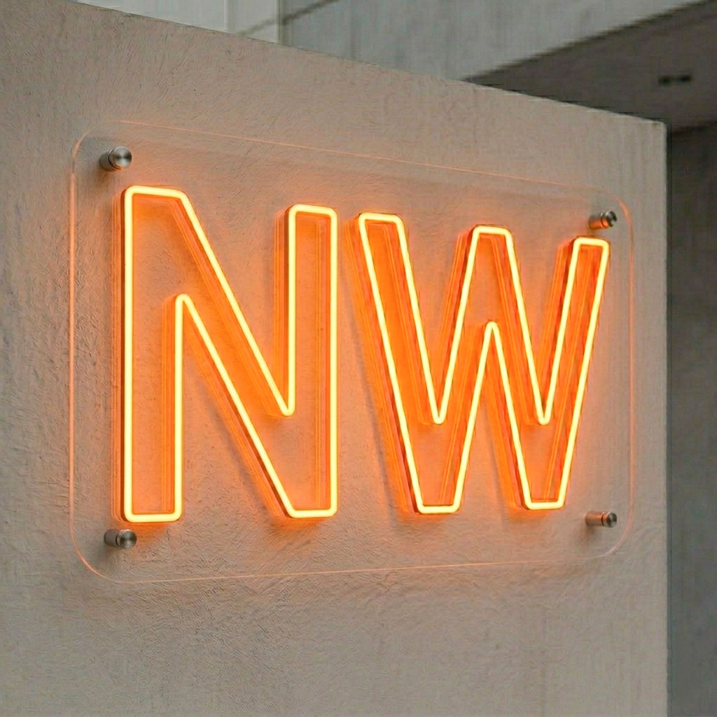 Neon sign with 'NW' letters on a concrete wall