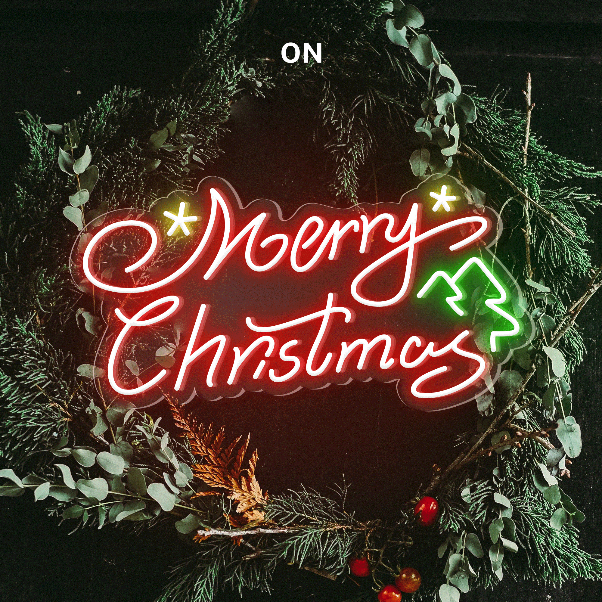 "Merry Christmas" Words Stars & Trees Neon Sign