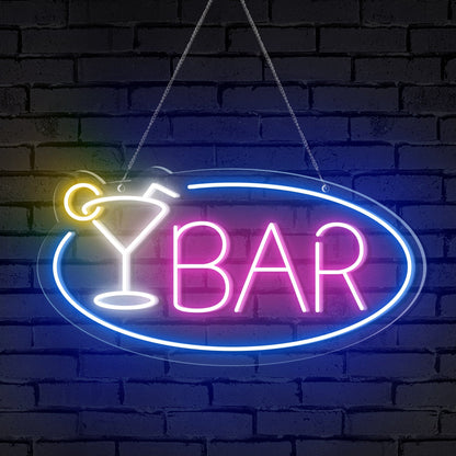 "BAR" Word Cocktail Glass Ellipse Frame Neon Sign