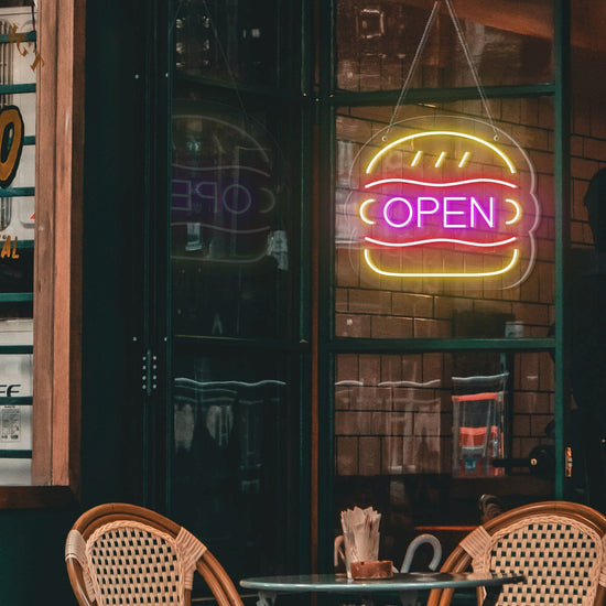 "OPEN" Word Neon Sign for Burger Shop