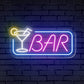 "BAR" Word Cocktail Glass Rectangle Frame Neon Sign